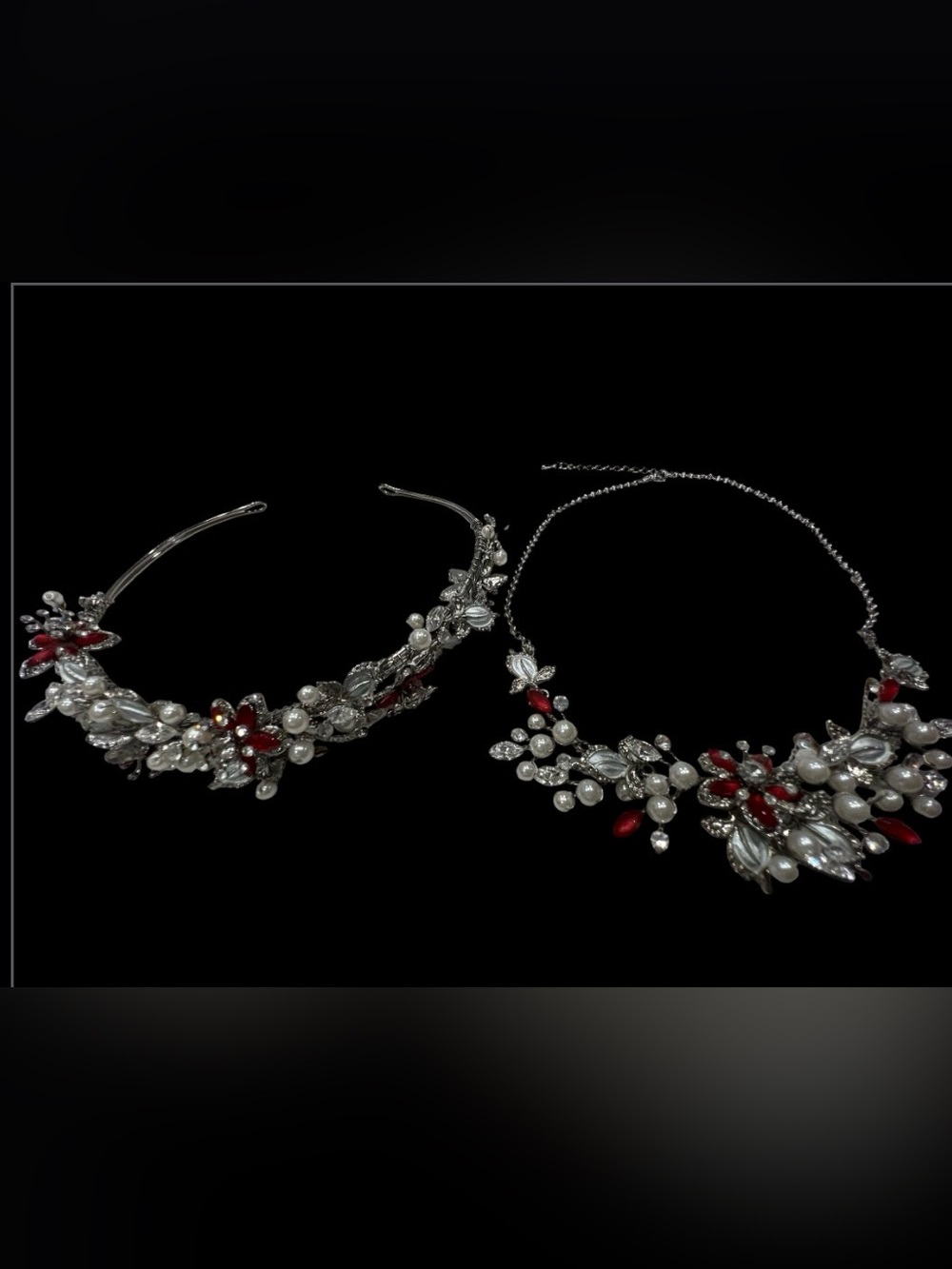 Silver & Red Rhodium Floral Pearl Statement Jewelry Set w/ Red Stones NWOT